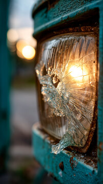 Broken headlight glows with warm sunset light, hinting at past journeys