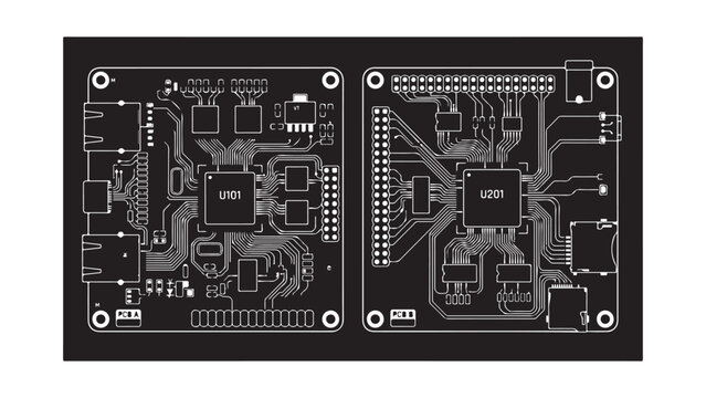 White on Black PCB Schematic Diagram with Microchips and Port Layouts