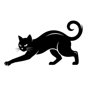 Black cat stretching and pouncing in motion silhouette