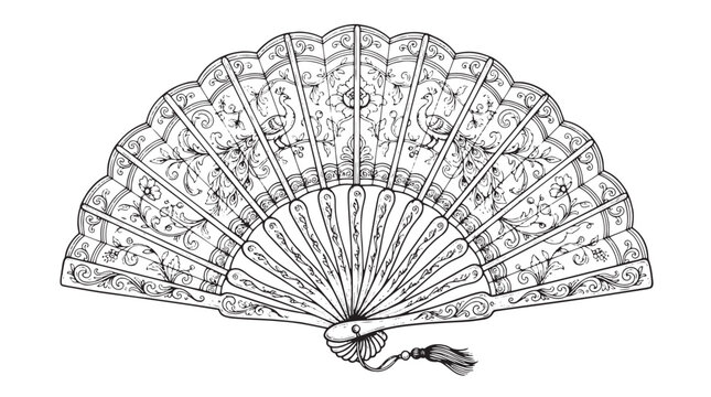 Vintage folding fan vector illustration, ornate hand fan with floral patterns, antique oriental accessory line art for coloring
