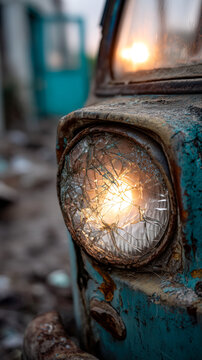 Cracked headlight of a rusty car, illuminated by the setting sun