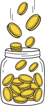 Hand Drawn Illustration of Gold Coins Falling into a Glass Mason Jar, Money Savings, Investment, and Budget Concept Vector