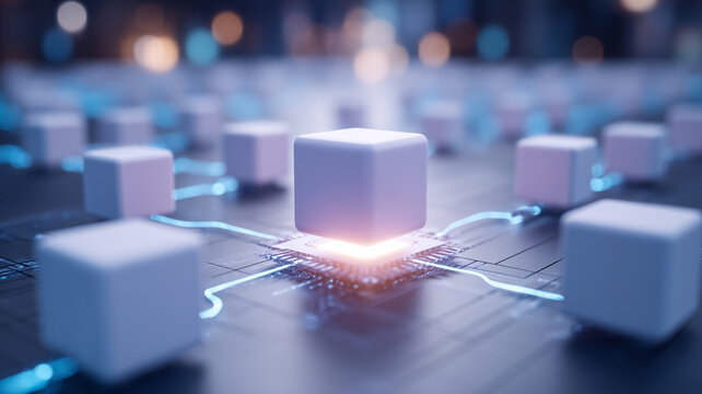 Digital cubes connected across electronic circuits represent blockchain technology and decentralized data exchange within modern computing networks.
