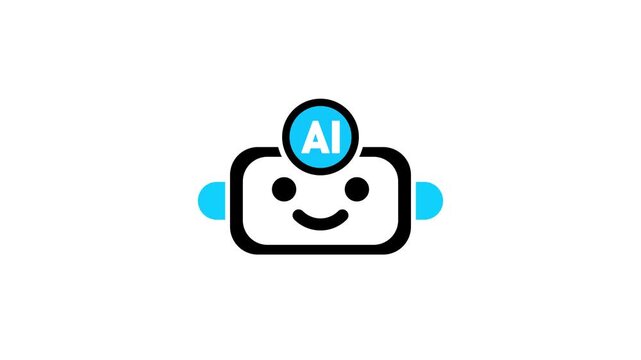 AI robot icon with smiling face and blue AI badge, representing artificial intelligence, chat bot, automation, machine learning, virtual assistant, technology, and innovation icon animation .