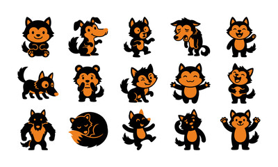 Obraz premium Set of cute cartoon wolf characters showing various emotions and actions in flat style