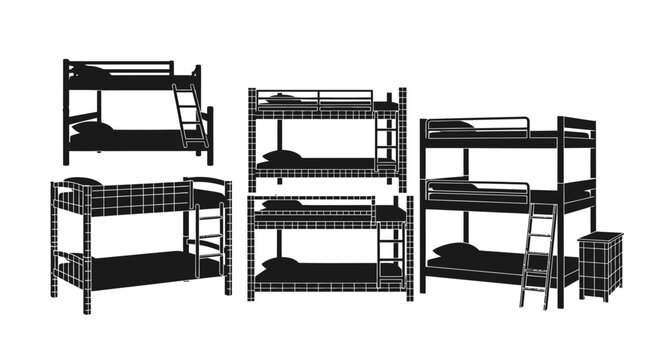 Bunk beds with ladders and pillows in black silhouette