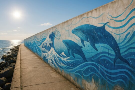 Vibrant blue mural of whales and ocean waves painted on a coastal concrete seawall along a sunny walkway