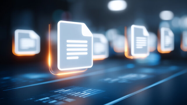 Digital document icons arranged across a technology interface represent file management and organized electronic records for efficient business workflows.

