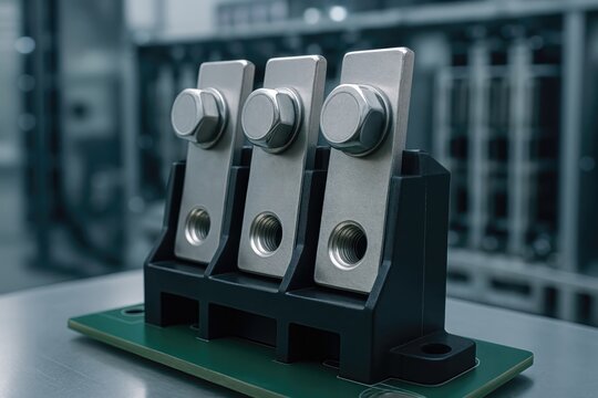 Heavy duty three phase electrical terminal block with metal busbars and fastening bolts on an industrial circuit board