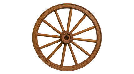 Rustic brown wooden wagon wheel with twelve spokes and circular hub © Freja