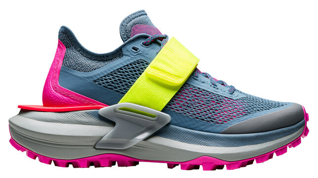 Blue and pink athletic trail running shoe with neon yellow velcro strap