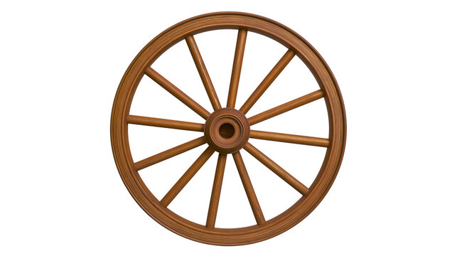 Rustic brown wooden wagon wheel with twelve spokes and circular hub