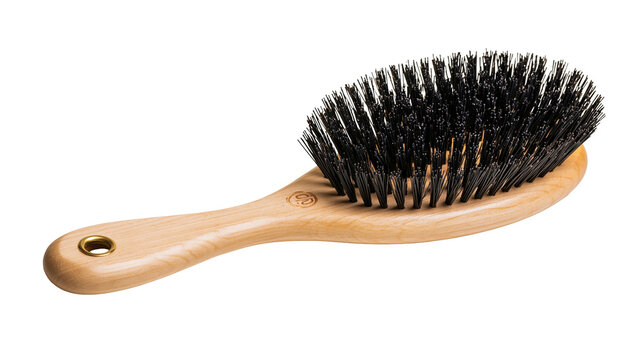 Oval wooden hair brush with black bristles and brass hanging eyelet