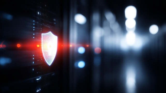 A digital shield displayed on a server represents cybersecurity protection and secure infrastructure designed to defend sensitive data from online threats.
