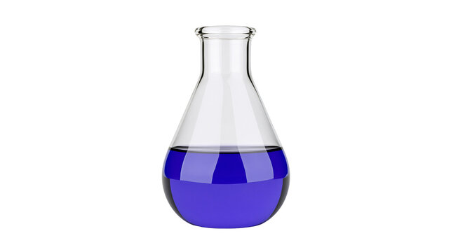 Clear glass Erlenmeyer flask filled with vibrant blue chemical liquid