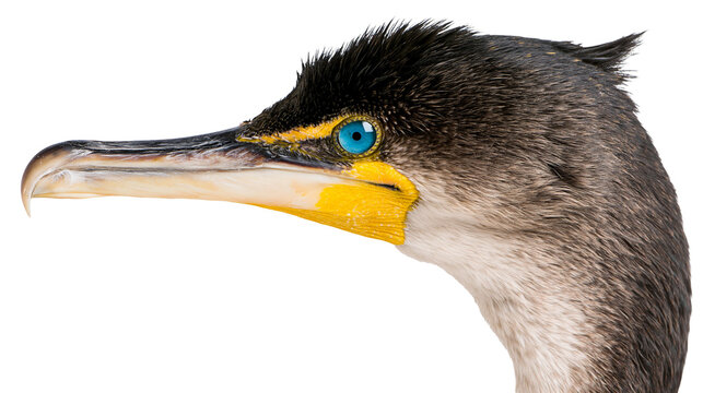 Close up profile portrait of a double crested cormorant head with blue eye