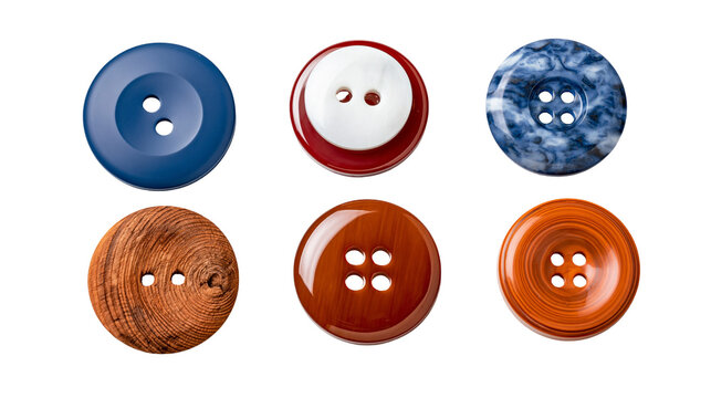 Collection of six assorted round sewing buttons with various textures and colors