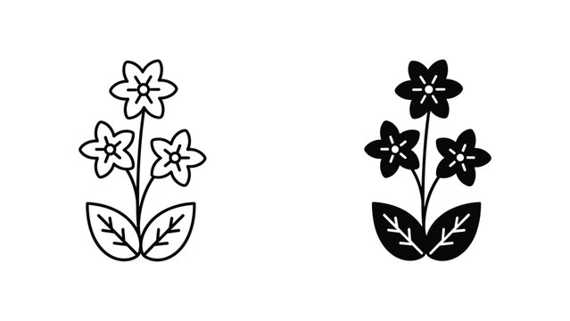 Three-petaled floral sprig line art and solid black silhouette icon set isolated on white background