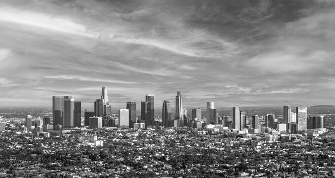 skyline of Los Angeles in smog on a summer day