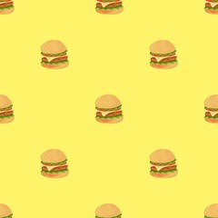 Fototapeta premium Hand Drawn Burger Seamless Pattern on Butter Yellow Background