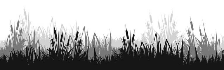 Obraz premium Meadow silhouette with grass, plants on plain. Panoramic summer lawn landscape with herbs, various weeds. Herbal border, frame element. Black horizontal banners. Vector illustration