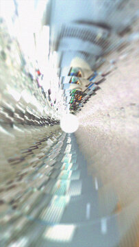 High speed motion blur inside a bright white futuristic digital tunnel. Conceptual visual for fast internet, data transfer, hyperloop technology, and virtual reality dimensions.