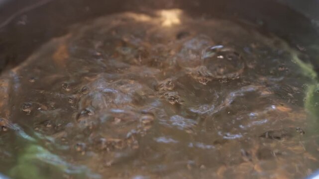 Close-up of a steaming shabu shabu hot pot with vigorously bubbling broth, rising steam, and a rich savory soup base ready for cooking.