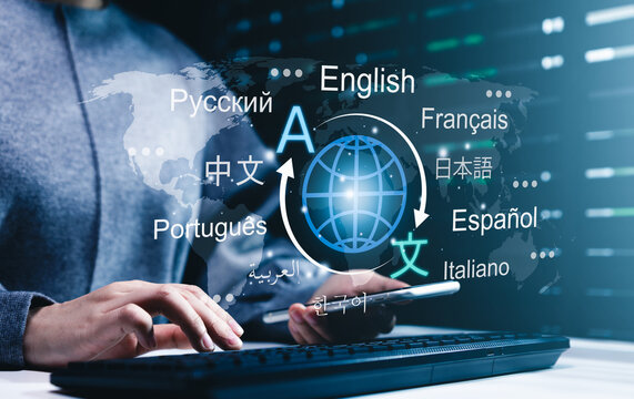 Language translation and global multilingual communication concept. Woman typing on keyboard with globe, multi language speech text icons, vocabulary dictionary, automated linguistic converter system.