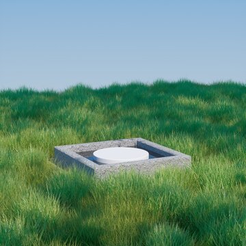 White circular podium in concrete water pool on green grass field 3D render cgi
. Minimalist outdoor product display stage with square stone basin and white pedestal 3D rendering
