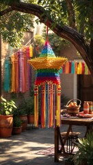 Naklejka premium Colorful traditional star-shaped piñata hanging from a tree in a festive garden.