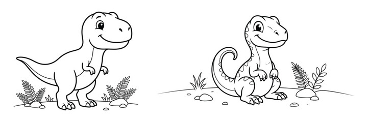 Fototapeta premium Cute cartoon dinosaur characters for children coloring book page with simple line art and white background