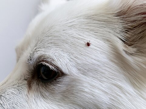 Tiny mite on white dog face close up