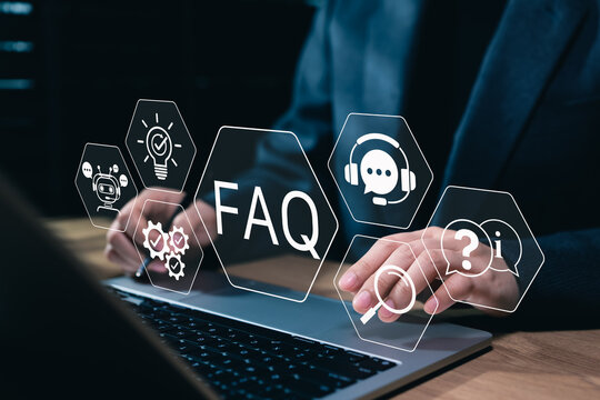 FAQ frequently asked questions and online customer support concept. Person using laptop with digital assistance icons, AI chatbot, operator, information query search, troubleshooting solution helpline