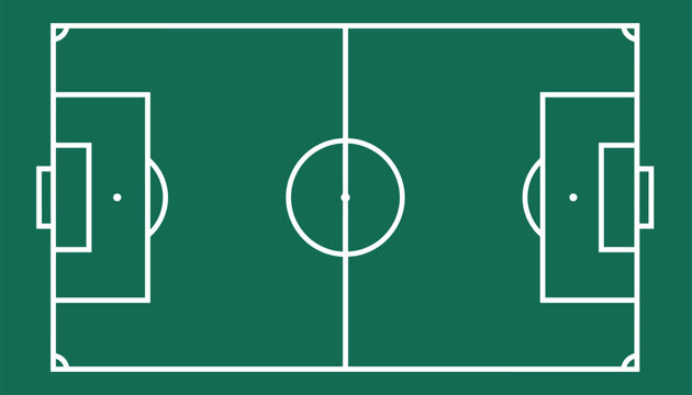 Clean tactical diagram of a standard green soccer field showcases all key lines, goals, and center circle.