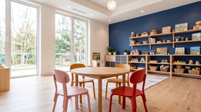 Bright modern classroom with colorful children's chairs, wooden tables, and educational toys on open shelves.