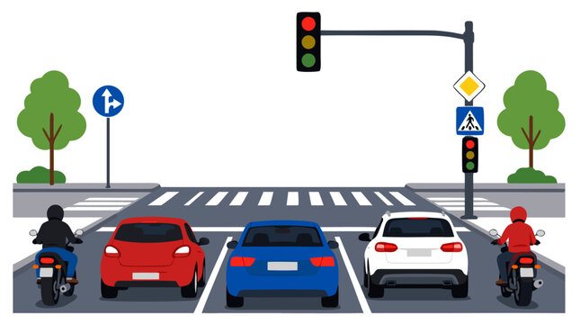 Flat vector illustration of cars and motorcycles stopped at red traffic light on city intersection with pedestrian crosswalks urban street scene transportation - detailed commercial stock imagery