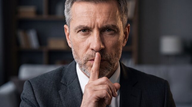 Man in a business suit making a silence gesture with his finger against his lips.