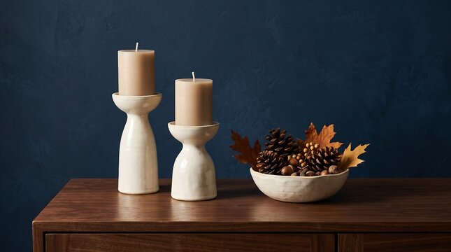 Two beige pillar candles in white ceramic holders next to a bowl of autumn leaves on a wooden table
