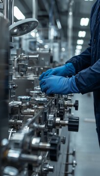 Industrial worker in protective gloves operating stainless steel machinery and pipe valves in a modern factory.