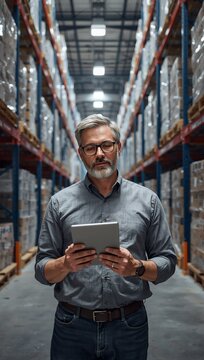 Warehouse manager using a tablet while inspecting inventory in a large distribution center.