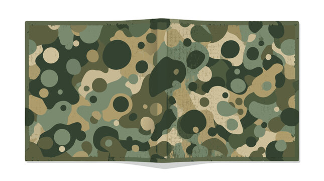 Seamless circle-dot camouflage textile pattern in muted olive green khaki and beige tones, folded fabric swatch with abstract organic blobs and polka dots, military repeating surface design