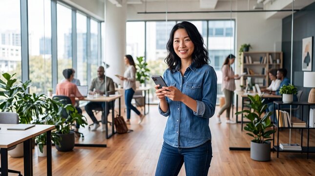 Woman using a smartphone while walking through a bright modern coworking office.