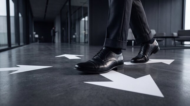 Businessman stepping forward on an arrow marked on the floor in a modern office.