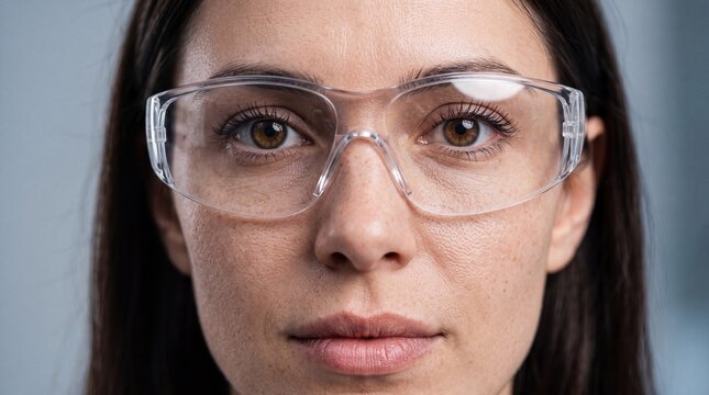 Woman wearing protective safety glasses in a professional laboratory setting.