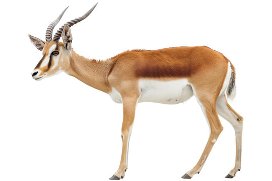 Gazelle antelope with long horns and white underbelly standing in profile isolated on transparent background png element