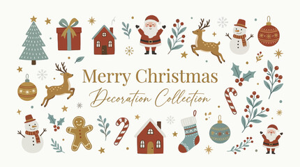 Fototapeta premium Vintage Merry Christmas decoration collection. Festive holiday vector set with Santa, reindeer, and snowman. Rustic winter icons.