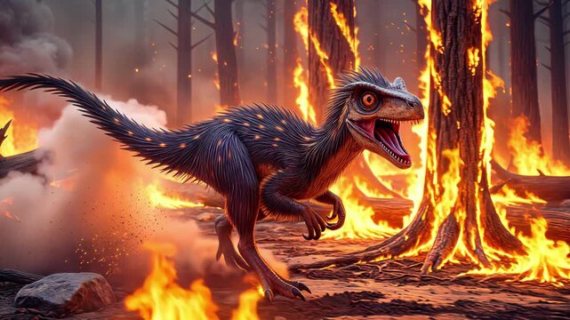 Feathered raptor dinosaur running through burning prehistoric forest. Survival concept with panning camera movement.