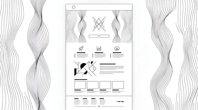 Minimalist website wireframe template with abstract wave line patterns