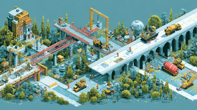 Highway bridge construction scene displaying heavy equipment, arches, and infrastructure in an isometric layout.