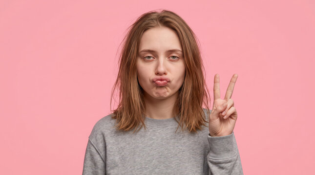 Tired young woman making funny face and peace sign on pink background.